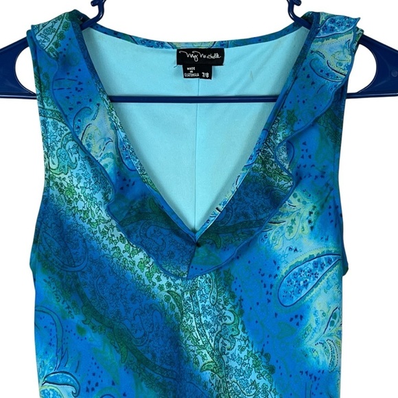 Vtg. Y2K My Michelle Sleeveless Blue Paisley Print Chiffon Midi Dress Sz. 7/8 - Picture 3 of 12